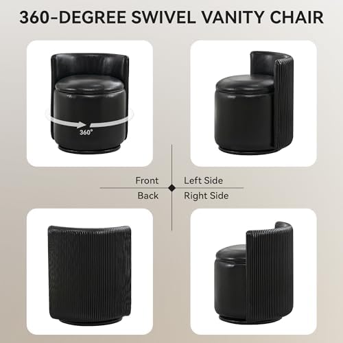 WUTUTUEE Faux Leather Vanity Chair with Storage, 360° Swivel Makeup Chair with Pleated Back, No Assembly Small PU Accent Stool for Bedroom, Dressing Room, Living Room, Black