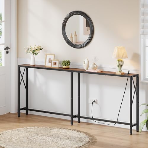 Gewudraw 70" Sofa Table Behind Couch with Oulets-Narrow Console Table,Brown