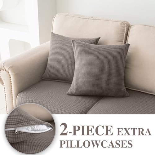 LA MEACK Couch Cushion Covers for Sectional Sofa L Shape Washable Separate Seat Chaise Couch Cover Stretch Sofa Slipcovers with 2 Pcs Pillowcases(3 Seater + 1 Chaise, Taupe)