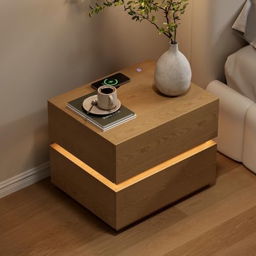 homary Smart Nightstand Set of 2 with Wireless Charging Station, USB & Type-C Ports, LED Light, 2 Drawers – Modern Natural Bedside Table for Bedroom Storage