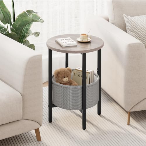 Vagusicc Small Round Side Table, Accent End Table with Fabric Basket, Drink Table Coffee Table for Small Spaces, Sofa Corner Table,Bedside Table,Modern Nightstand for Living Room, Bedroom, Gray