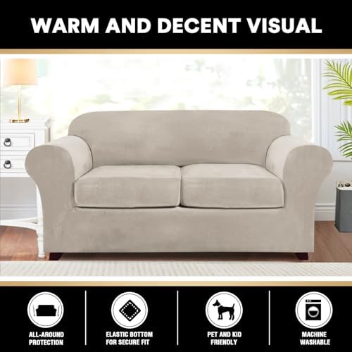 PrinceDeco Velvet Couch Cover Loveseat Covers for 2 Cushion Couch 3 Piece Sofa Covers for Dogs Washable Loveseat Covers Width Up to 72 Inch No Slip Stretch Sofa Slipcover(Medium, French Oak)