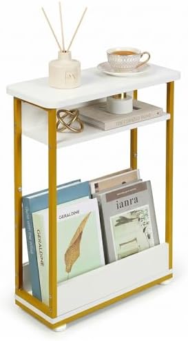 Narrow Side Table,3-Tier Slim End Table with Storage Shelf,Modern Sofa Table Thin Side Table for Small Spaces, Skinny Bedside Table Small Nightstand with Magazine Rack Space Saving/White+Gold