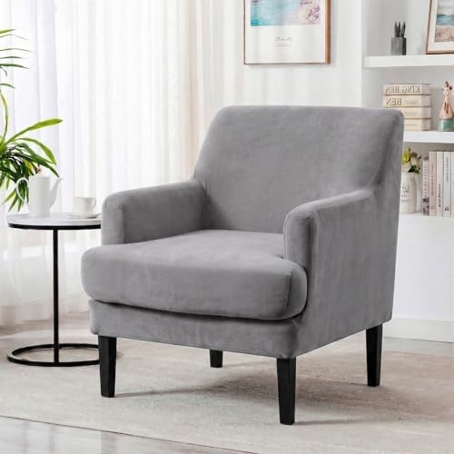 Mid-Century Accent Chair Covers with Cushion Cover Velvet 2 Pieces Upholstered Armchair Slipcovers for Living Room Comfy Sofa Reading Furniture Protector for Apartment Bedroom Office (Gray)