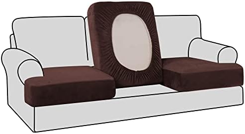 H.VERSAILTEX Stretch Velvet 3 Piece T Cushion Sofa Slipcovers - Individually Fitting Cushion Covers for 3 Cushion Couch - Stay in Place (Brown)