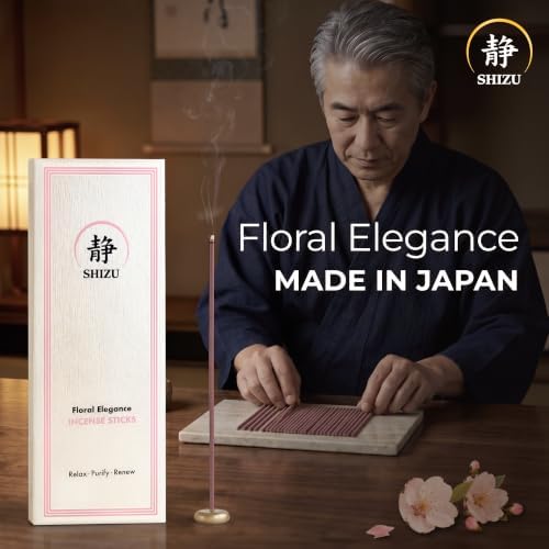 Shizu Floral Elegance Incense Sticks – Artisanal Temple Grade Japanese Incense with Brass Holder – Subtle, Calming Scent for Relaxation, Meditation & Home Spa, Elegant Gift Set (60 Sticks)
