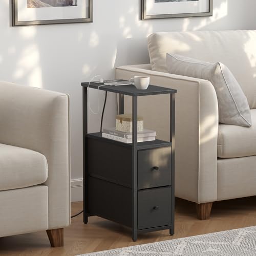 TUTOTAK Narrow End Table, Skinny Side Table with Charging Station