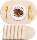 ADRIMER Oval Placemats Set of 6, Wipeable Faux Leather, Beige