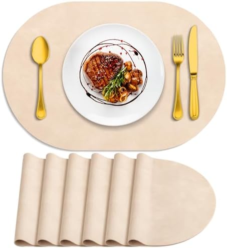 ADRIMER Oval Placemats Set of 6, Wipeable Faux Leather, Beige