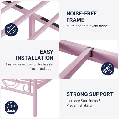 Allewie Metal Full Platform Bed Frame, Butterfly Pattern Design, Pink