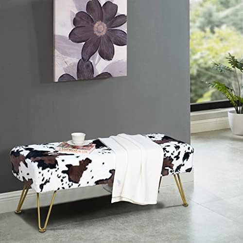 Cow Long Rectangle Faux Fur Ottoman 46"x16"x17" Entryway Bench Soft Furry Footrest Stool Sturdy Accent Seating Bench for Bedroom End of Bed Fuzzy Table Living Room Closet with Golden Legs