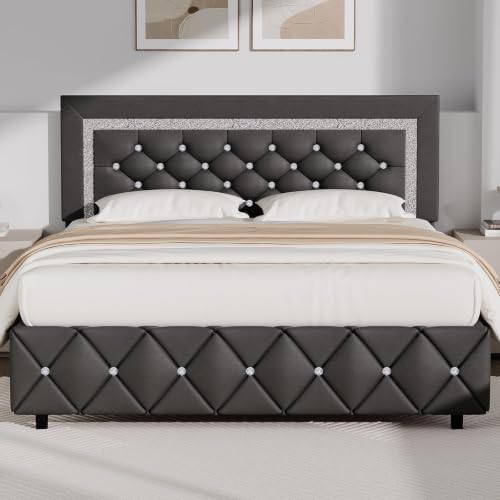 BarnFurin Queen Bed Frame with Diamond Tufted Headboard, Grey