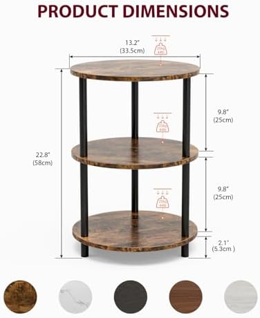 XBurmo Small Round Coffee Table - 3 Tier Design Accent Table, Narrow Side or Bedside Stand, Industrial Vintage Nightstand for Bedroom, Living Room, or Small Spaces, Rustic Brown