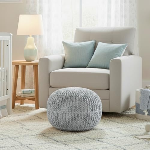 BIRDROCK HOME Round Pouf Foot Stool Ottoman - Knit Bean Bag Floor Chair - Cotton Braided Cord - Great for The Living Room, Bedroom and Kids Room - Small Furniture (Soft Silver)