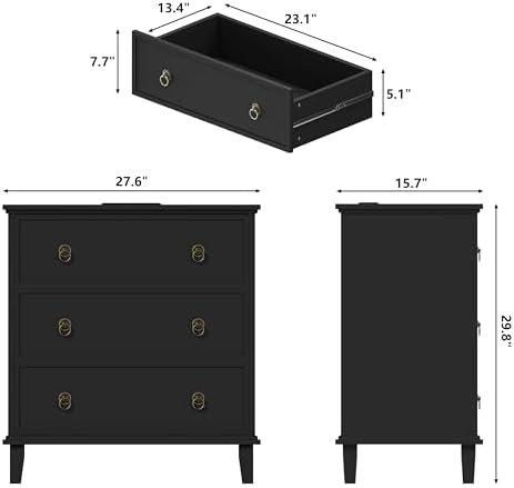 COWMOU 3 Drawers Black Nightstand