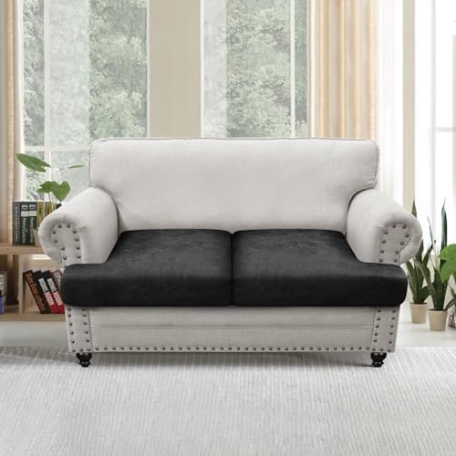 T Cushion Loveseat Sofa Cover Leather-Look 2PC Stretch Sofa Seat Cushion Slipcover Individual Couch Seat Covers with Elastic Bands, Pet-Friendly, Non-Slip, Easy Fit - Black