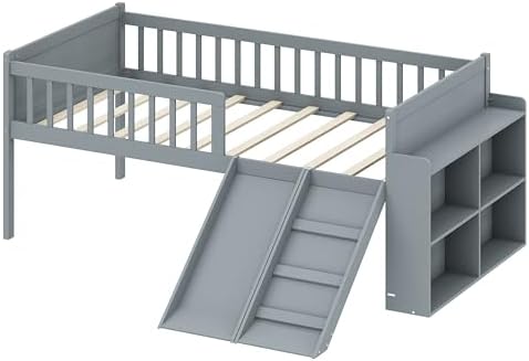 SOFTSEA Twin Size Low Loft Bed with Slide and Guardrails, Wood Loft Bed Frame with Storage Shelves for Kids, Gray