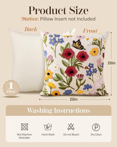 Embroidered Throw Pillow Cover 20x20 Inch, Retro Flower