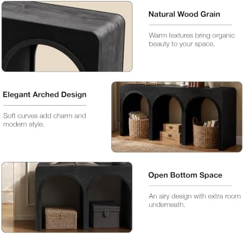 67" Long Arched Console Table, 15.5" Deep Modern Designer Entryway Table, Sculptural Triple Arch Sofa Table for Living Room, Hallway, Behind Couch, Multi-Scene Accent Furniture, Black Wood Finish