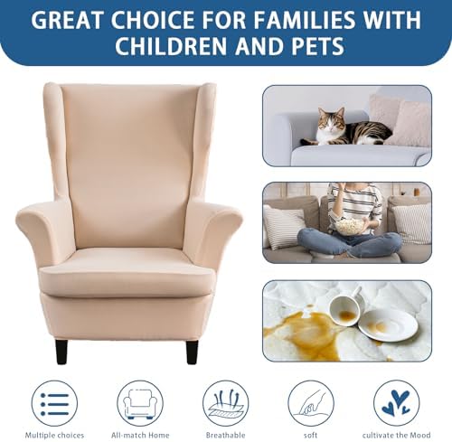 Wingback Chair Slipcover 2 Piece Stretch Armchair Cover Furniture Protector Washable Spandex Wing Beige Chair Covers for Living Room