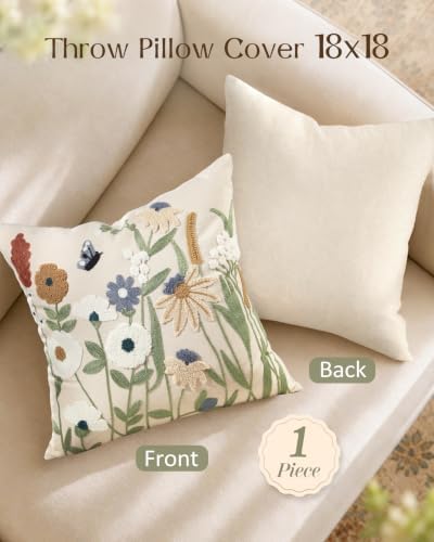 Embroidered Floral Throw Pillow Cover 18x18 Inch, Cottage Flower