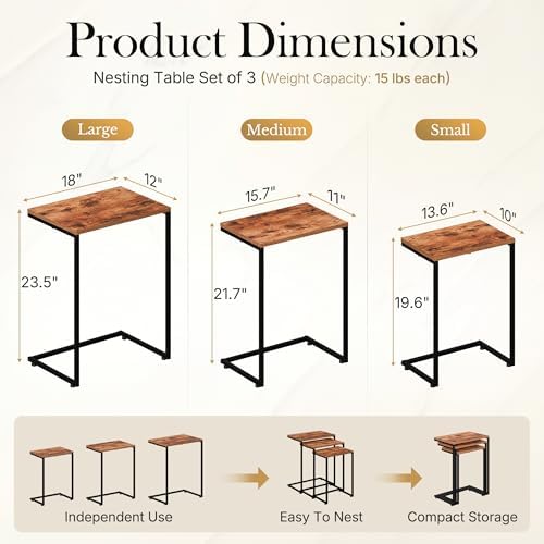SUPER DEAL Nesting Tables Set of 3, Industrial C Shaped End Table Stackable Coffee Table Heavy Duty Metal Frame for Small Space, Living Room, Bedroom, Side Table Tray for Laptop Snack, Rustic Brown