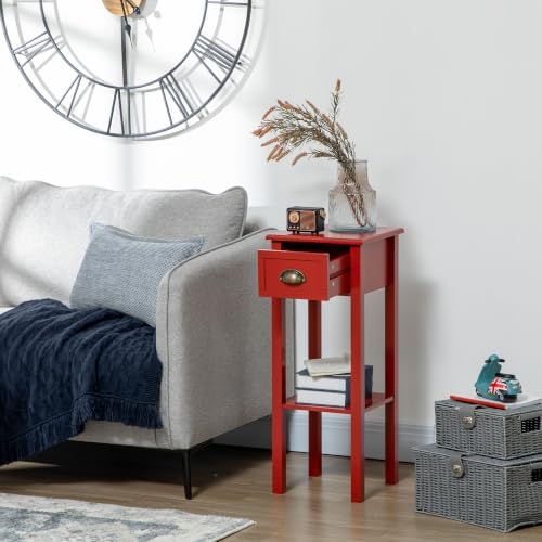 HOMCOM Narrow End Table with Drawer and Bottom Shelf Set of 1 Red