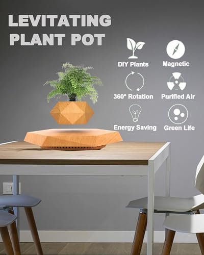 Levitating Plant Pot, Floating Plant Pot for Air Bonsai Planter, Magnetic Levitating Flower Pot Planter for Office Home Decoration, Ideal Home Gift for Valentine's Day Mother's Day Birthday (Wooden)