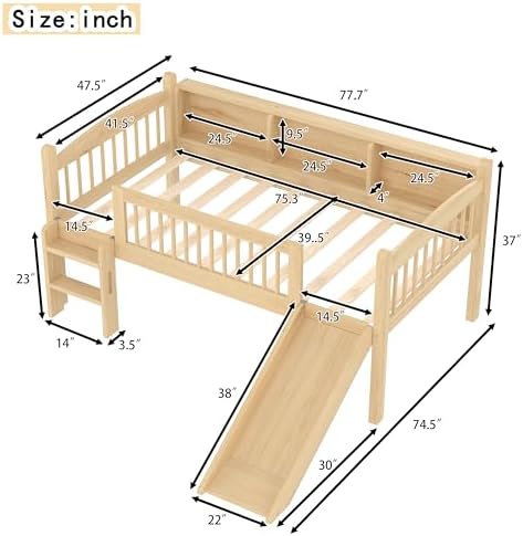 Bellemave Twin Loft Bed with Slide and Ladders, Solid Wood Low Loft Bed with Storage Shelves and LED Lights, Loftbed Frame for Kids, Boys, Girls, Childlike and No Box Spring Needed Design, Natural