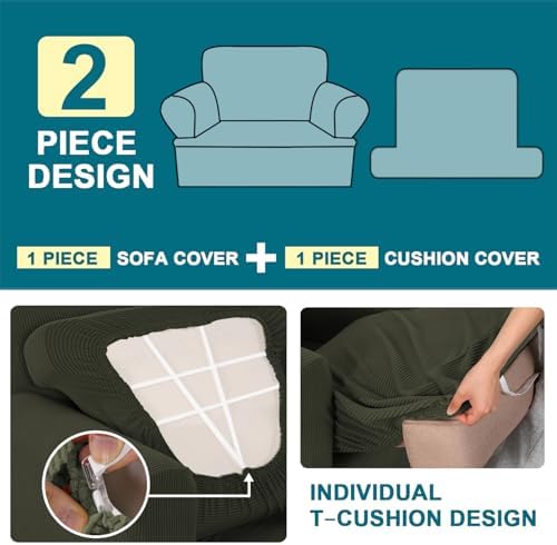 Turquoize T Cushion Chair Slipcover Armchair Slipcover for Living Room Stretch Sofa Couch Cover Soft Armchair Cover Washable Furniture Covers with Individual T Cushion Seat Covers (Chair, Olive)