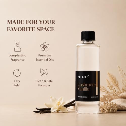 Airkeep Cashmere Vanilla Reed Diffuser Refill – 6.76 fl oz – Premium Scented Oil for Home Aromatherapy – Long-Lasting Fragrance for Reed Diffusers – Perfect for Bathroom, Bedroom & Home Decor