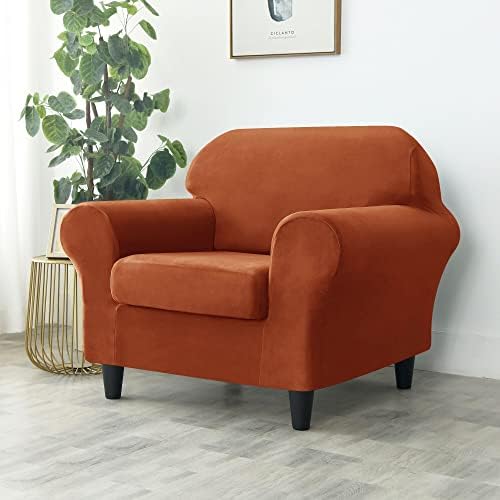 OBCREAT 2 Pieces Sofa Slipcover Stretch Velvet Sofa Chair Covers Soft Armchair Cover with Elastic Bottom Non Slip Furniture Protector for Pets Kids (Burnt Orange, Small)