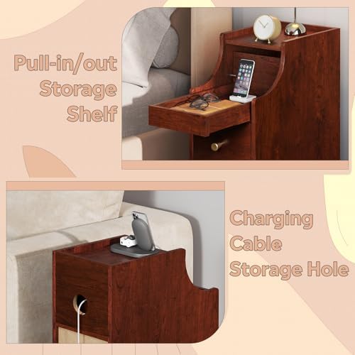 WLIVE Slim Small Nightstand with Drawer Narrow Bedside Table Vintage Cherry