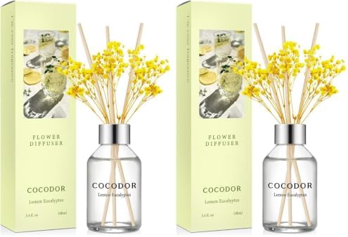 COCODOR Flower Reed Diffuser Set / 3.4oz / Lemon Eucalyptus/Scent Diffuser with Sticks Home Fragrance Reed Diffuser for Bathroom Shelf Decor (Pack of 2)