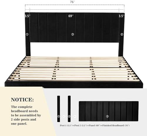 Allewie King Bed Frame/Velvet Upholstered Bed Frame with Vertical Channel Tufted Headboard/Strong Wooden Slats/Platform Bed Frame/Mattress Foundation/Box Spring Optional/Easy Assembly/Black