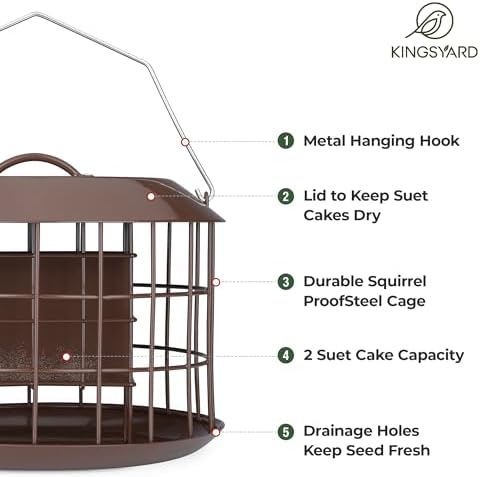 Kingsyard Squirrel Proof Suet Feeder, Cage Bird Feeders for Outdoors Hanging, All Metal, Double Suet Cake Capacity, Tray & Weatherproof, Brown