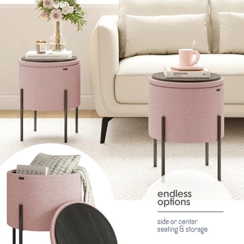 Round Ottoman with Storage, Boucle Storage Ottoman, Foot Stool Ottoman, Makeup Vanity Stool, Small Ottomans Foot Rest, Modern Ottomans for Living Room and Bedroom, Pink