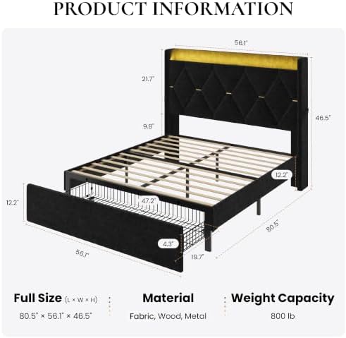 SHA CERLIN Full Size Bed Frame with Storage Drawer & LED Lights, Black