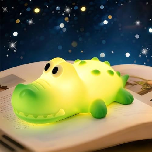 AVEKI Crocodile Night Light for Kids, Silicone Touch Bedside Lamp (Green)