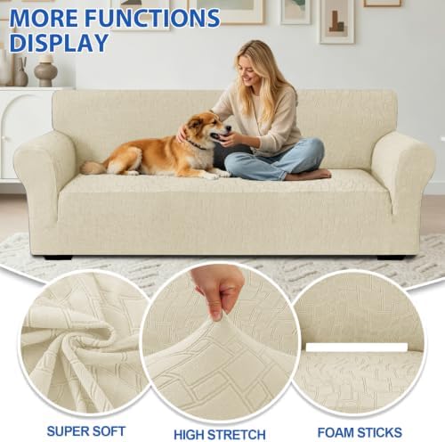 MAXIJIN Waterproof Oversized Couch Covers (91"-110"), Stretch Extra Large Sofa Cover Slipcovers with Non Slip Elastic Bottom, Pet Friendly Furniture Protector Washable (X-Large, Beige)