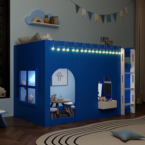 Merax Twin Loft Bed with Ladder and House-Style Frame, Klein Blue
