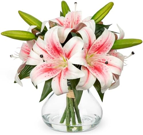 Artificial Flowers Tiger Lily Real Touch with Vase Easter Lily Pink Lilies Silk Faux Flowers Arrangements in Glass Vase with Faux Water Easter Decor Fake Floral Bulk Bouquet for Office Home Decor