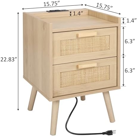 Finnhomy Nightstand with Charging Station, Bedside Table with 2 Hand Made Rattan Decorated Drawers, Night Stand with Storage for Bedroom, Natural