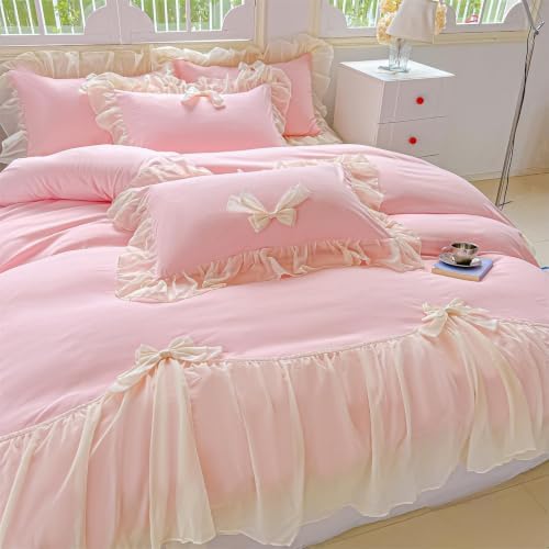 SOUKECHY Girls Lace Bedding,Pink King Comforter Cover Set, Chic Ruffled Duvet Cover with Lovely Bow,Princess Style 1 Duvet Cover with 2 Pillowcases, No Comforter-Pink,King Size
