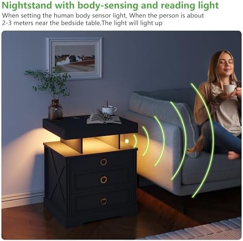 HENBC Nightstand with Gun Drawer, LED Night Stand with Charging Station, Smart End Table with Bedside Table for Bedroom/Study Room,3 Colors Human Sensor Lights Furniture (Black)