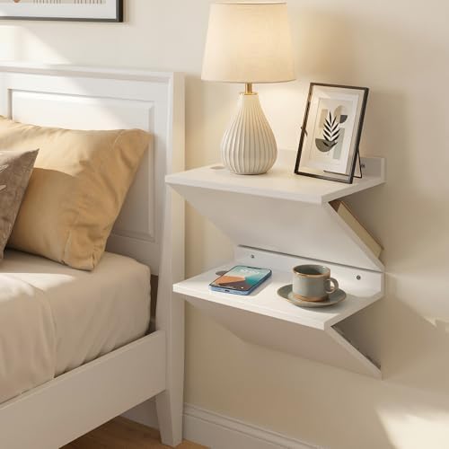 Floating Nightstand Set of 2 White Wood Bedside Table Wall Mounted