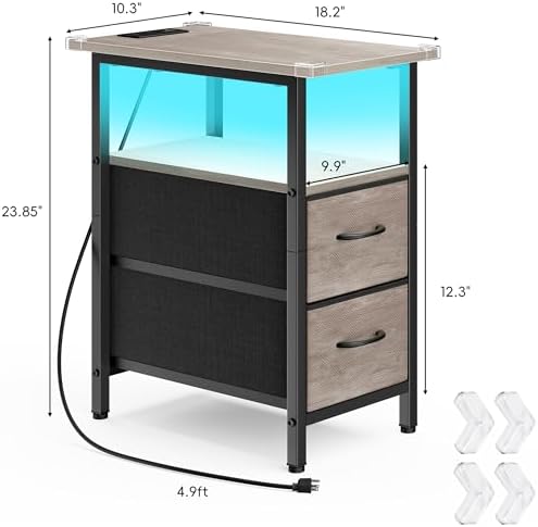 Vagusicc Set of 2 Nightstand with Charging Station and LED Lights, Narrow Side Table, LED Night Stand with 2 Fabric Drawers, Bedside Table Small End Table, Tall Nightstand for Bedroom, Rustic Grey