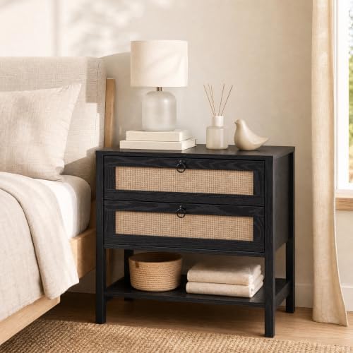 GIANTEX Rattan Nightstand with 2 Drawers, 27" Wide Boho Bedside Table