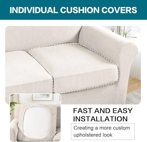 Turquoize 3 Piece Sofa Covers For 2 Cushion Couch Sofa Slipcover Soft Couch Cover For Dogs-Washable Sofa Furniture Covers With 2 Individual Cushion Covers, Feature Thick Fabric (2 Cushion Sofa, Ivory)