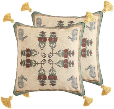 patdrea Designer Throw Pillow Covers Set of 2,French Elegant Green Linen with Rose and Animal Floral Pattern Pillow Covers,Decorative Square Pillowcases Cushion for Bed Living Room Outdoor,18"x18"